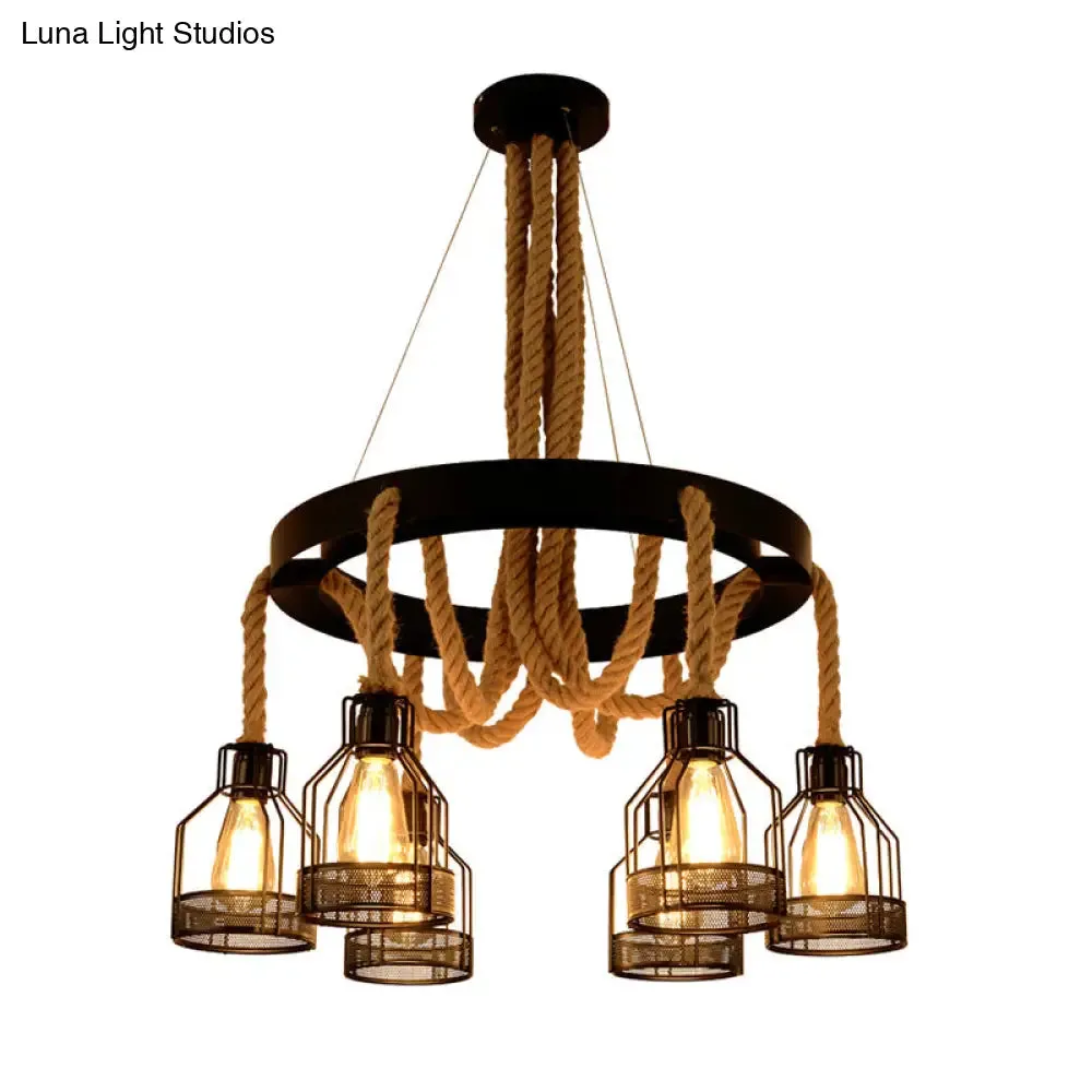 Industrial Iron Cage Chandelier Pendant with Hemp Rope in Black for Restaurants