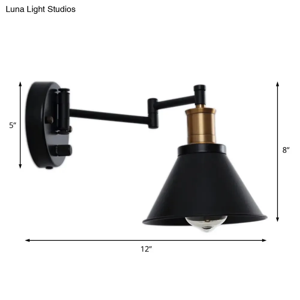 Industrial Matte Black Wall Sconce Lamp - Cone Bulb, Metal, Indoor Use