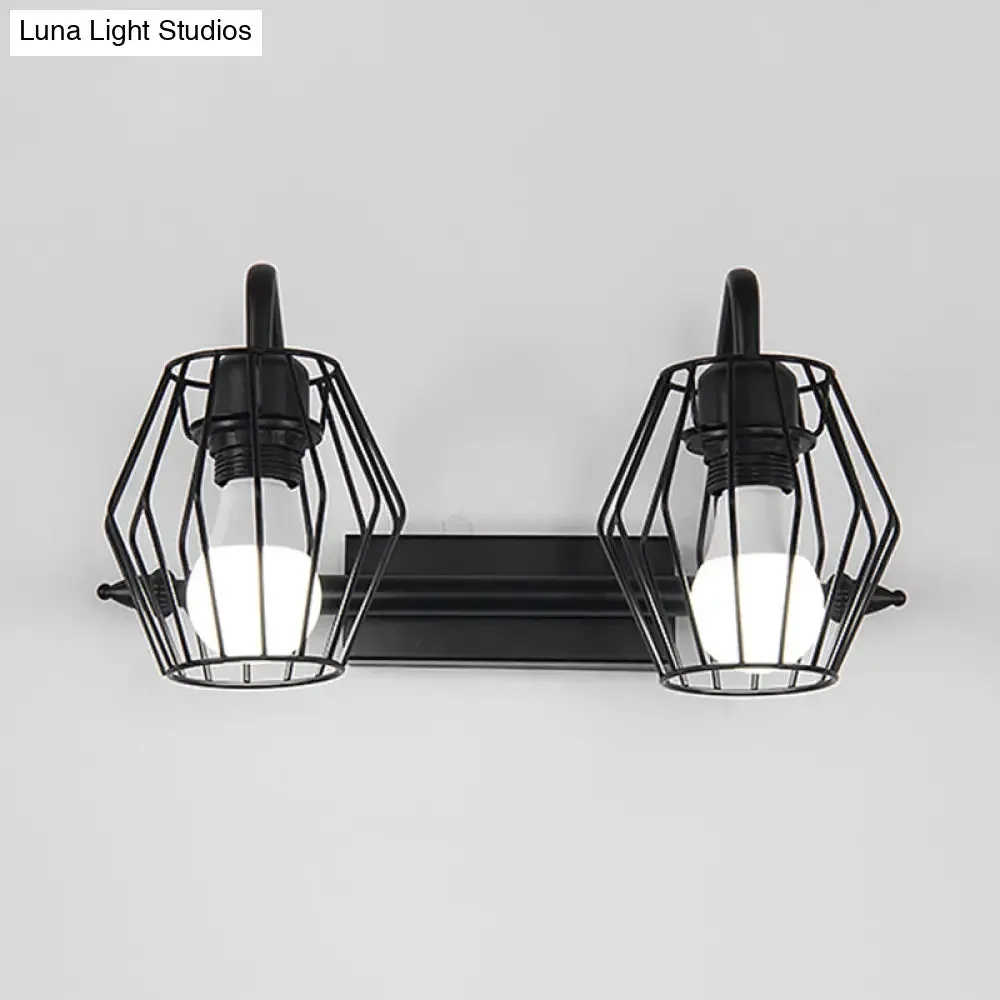 Industrial Metal Caged Wall Mount Sconce Light - 2/3 Lights for Living Room in Black/White