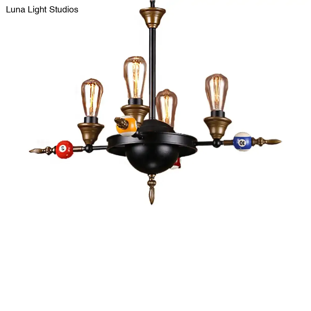 Industrial Metal Chandelier with Exposed Bulb - 4/6 Light Pendant Lighting for Dining Room in Black with Wheel Shelf