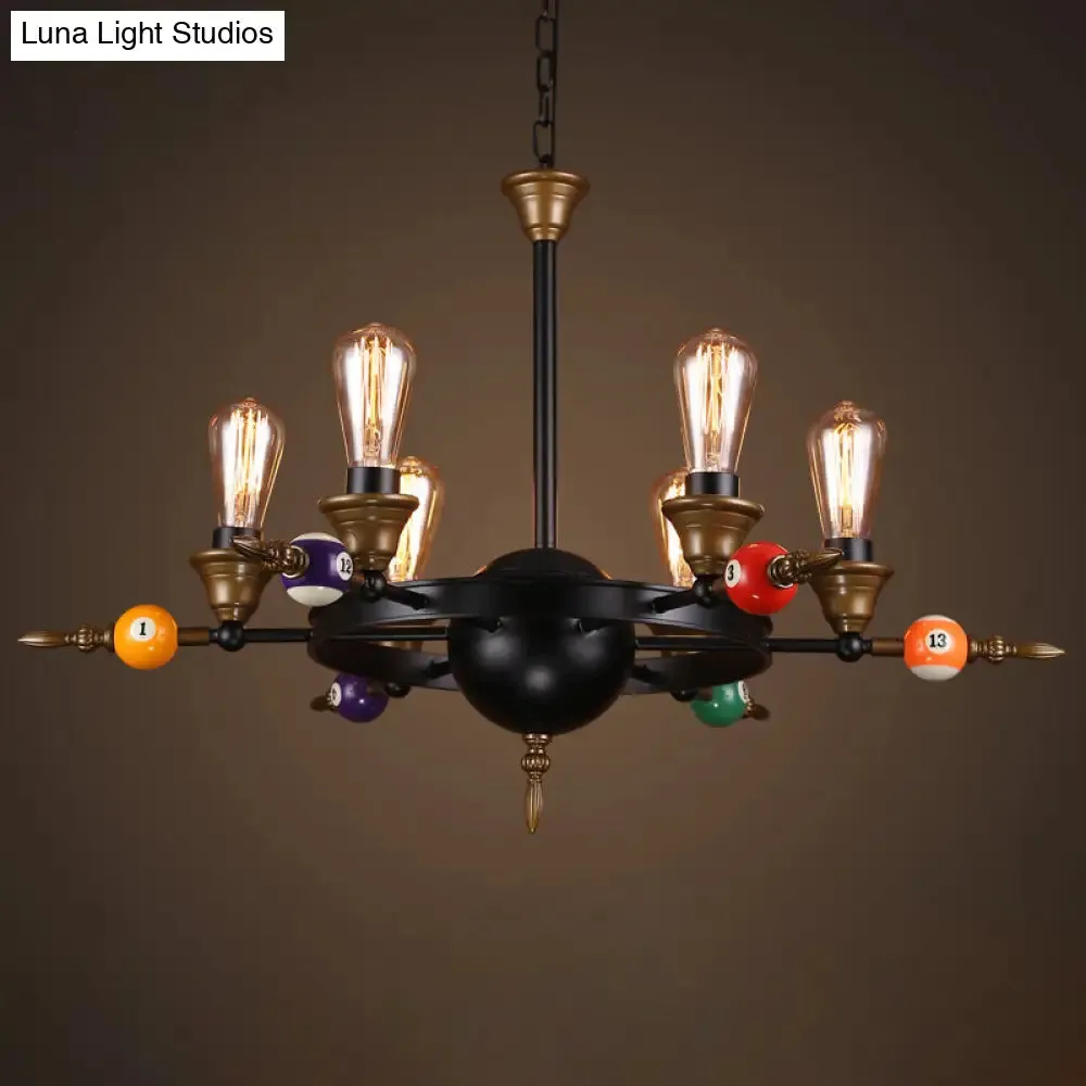 Industrial Metal Chandelier with Exposed Bulb - 4/6 Light Pendant Lighting for Dining Room in Black with Wheel Shelf