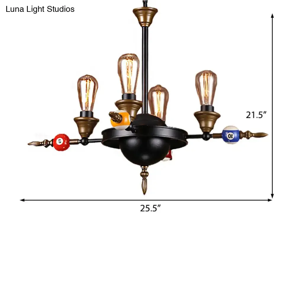 Industrial Metal Chandelier with Exposed Bulb - 4/6 Light Pendant Lighting for Dining Room in Black with Wheel Shelf