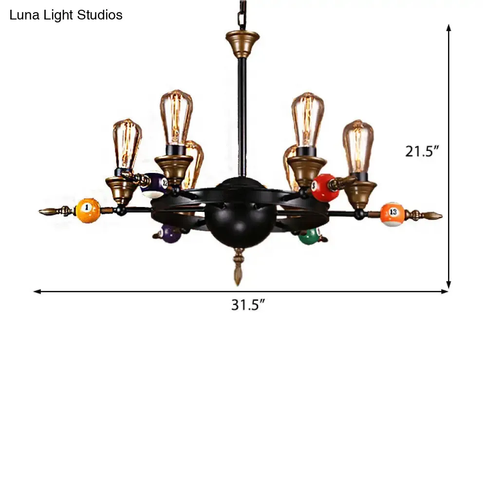 Industrial Metal Chandelier with Exposed Bulb - 4/6 Light Pendant Lighting for Dining Room in Black with Wheel Shelf