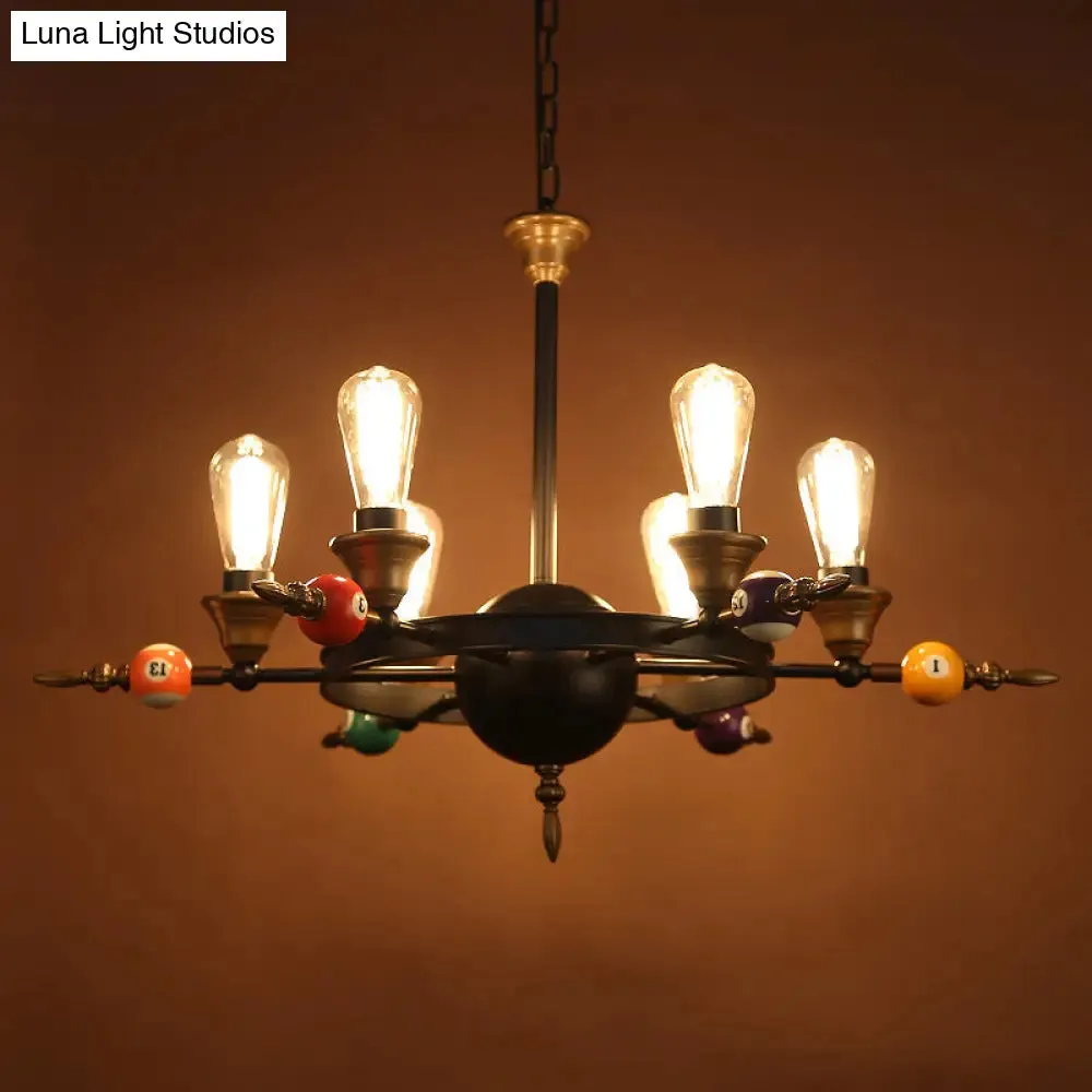 Industrial Metal Chandelier with Exposed Bulb - 4/6 Light Pendant Lighting for Dining Room in Black with Wheel Shelf