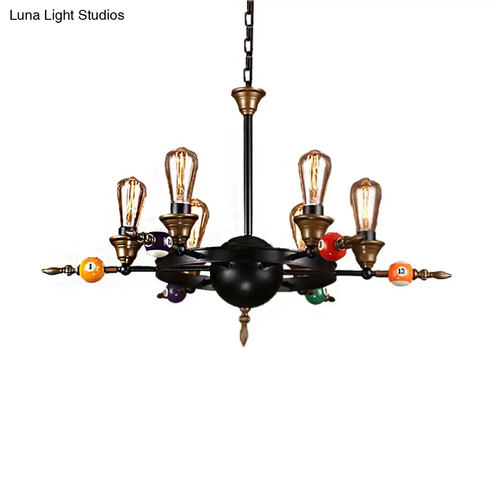 Industrial Metal Chandelier with Exposed Bulb - 4/6 Light Pendant Lighting for Dining Room in Black with Wheel Shelf