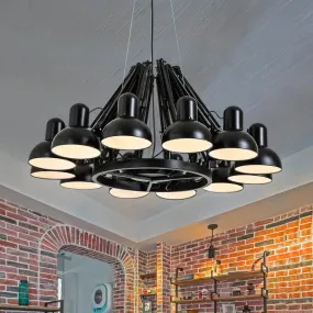 Industrial Metal Swing Arm Chandelier Lamp with Dome Shade and 12 Black/Red Bulbs for Living Room