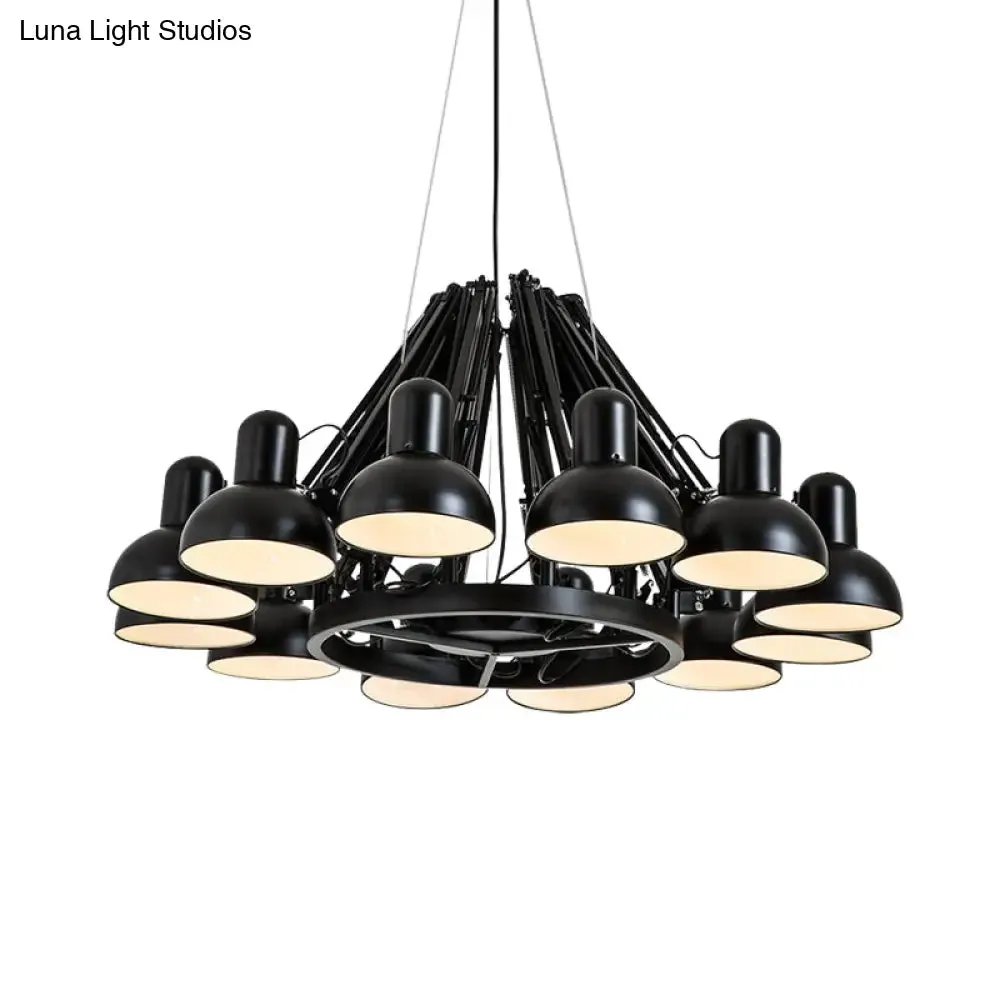 Industrial Metal Swing Arm Chandelier Lamp with Dome Shade and 12 Black/Red Bulbs for Living Room