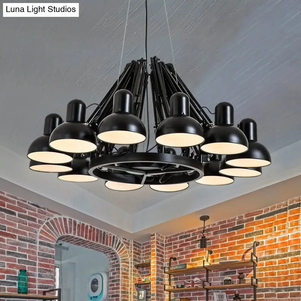 Industrial Metal Swing Arm Chandelier Lamp with Dome Shade and 12 Black/Red Bulbs for Living Room