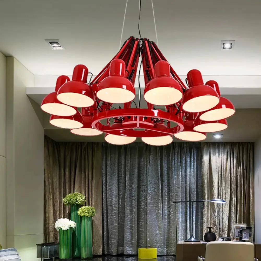 Industrial Metal Swing Arm Chandelier Lamp with Dome Shade and 12 Black/Red Bulbs for Living Room