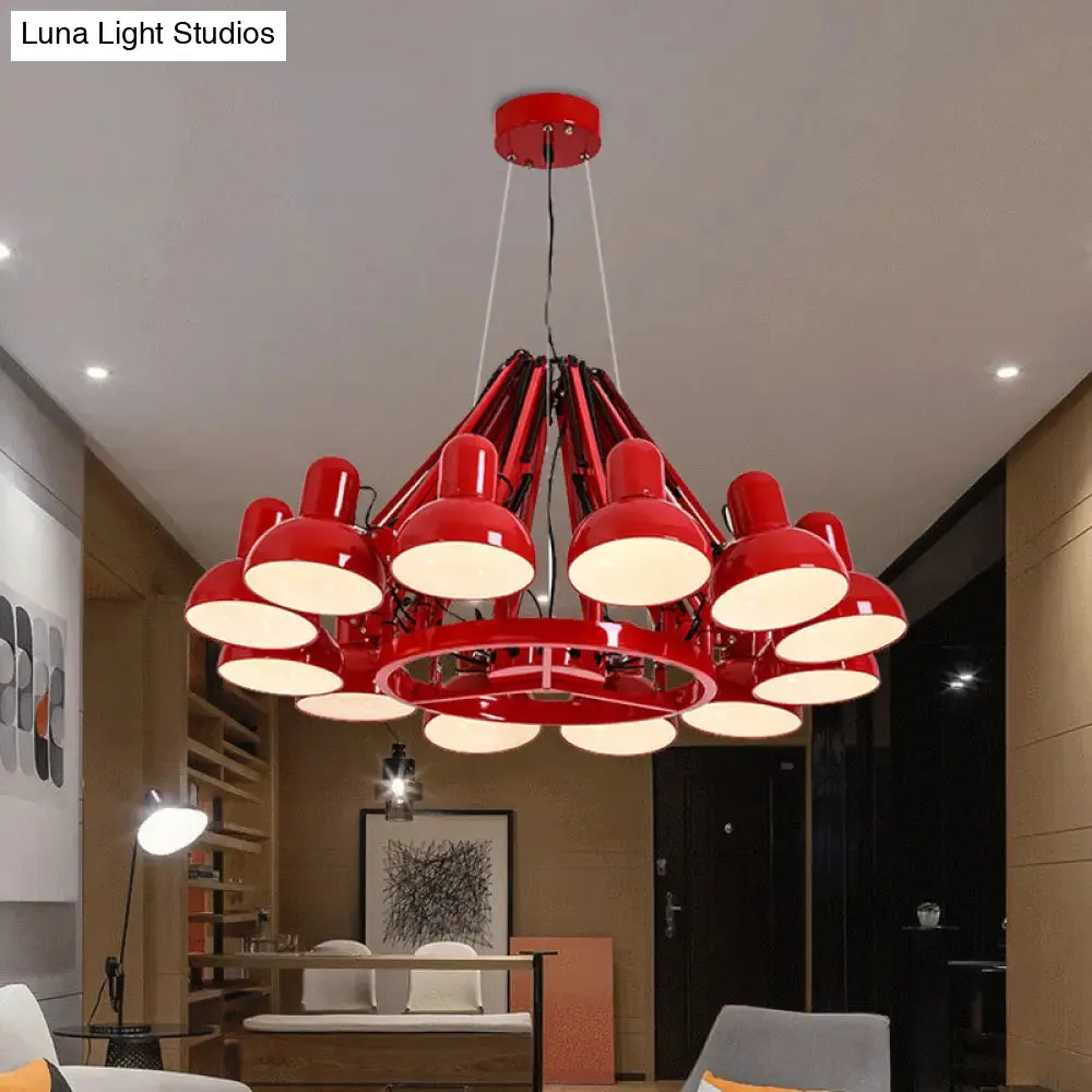 Industrial Metal Swing Arm Chandelier Lamp with Dome Shade and 12 Black/Red Bulbs for Living Room