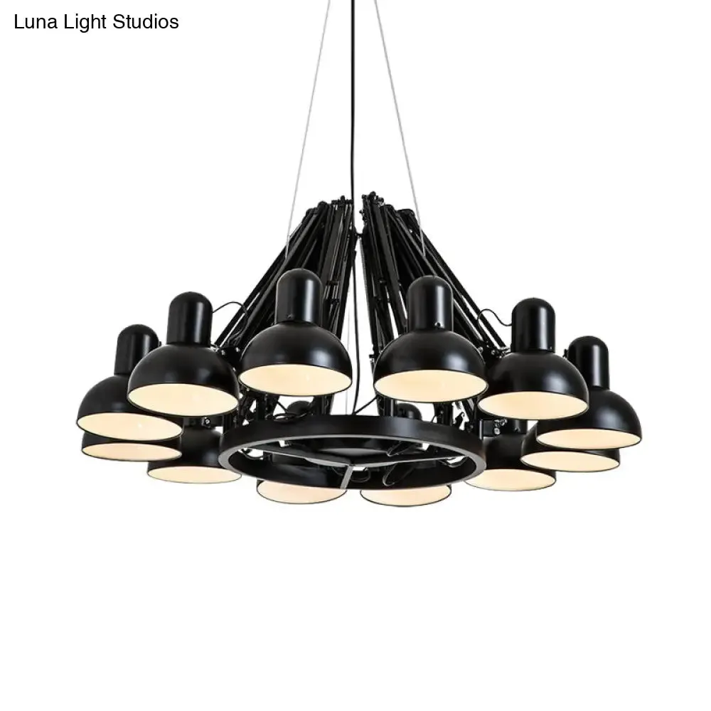 Industrial Metal Swing Arm Chandelier Lamp with Dome Shade and 12 Black/Red Bulbs for Living Room