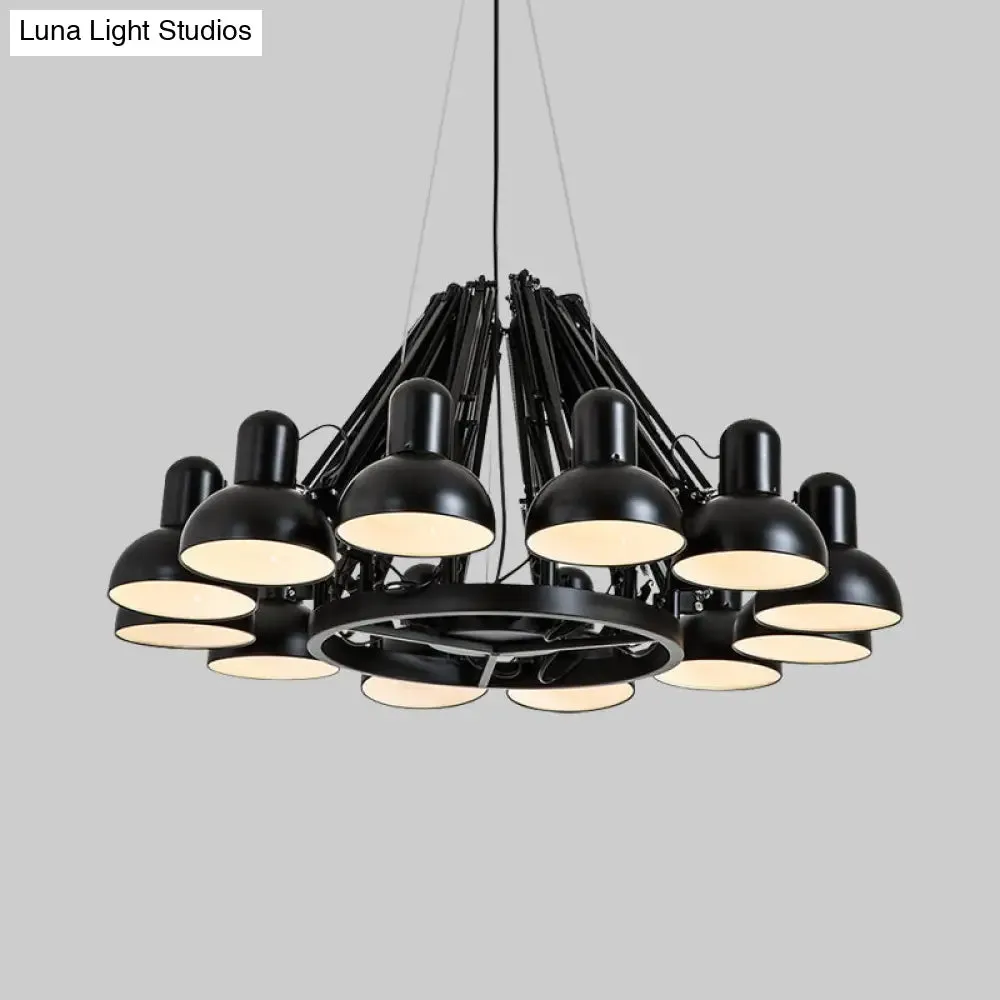 Industrial Metal Swing Arm Chandelier Lamp with Dome Shade and 12 Black/Red Bulbs for Living Room