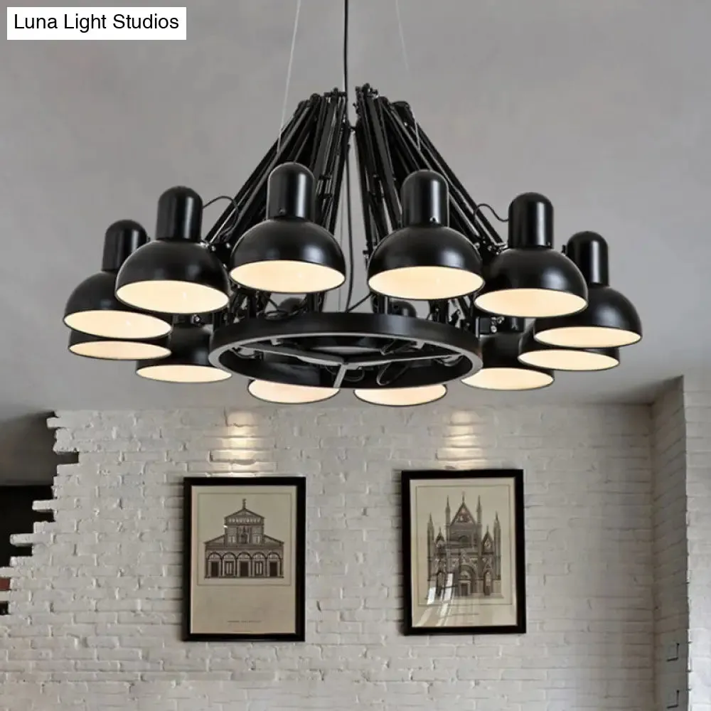 Industrial Metal Swing Arm Chandelier Lamp with Dome Shade and 12 Black/Red Bulbs for Living Room