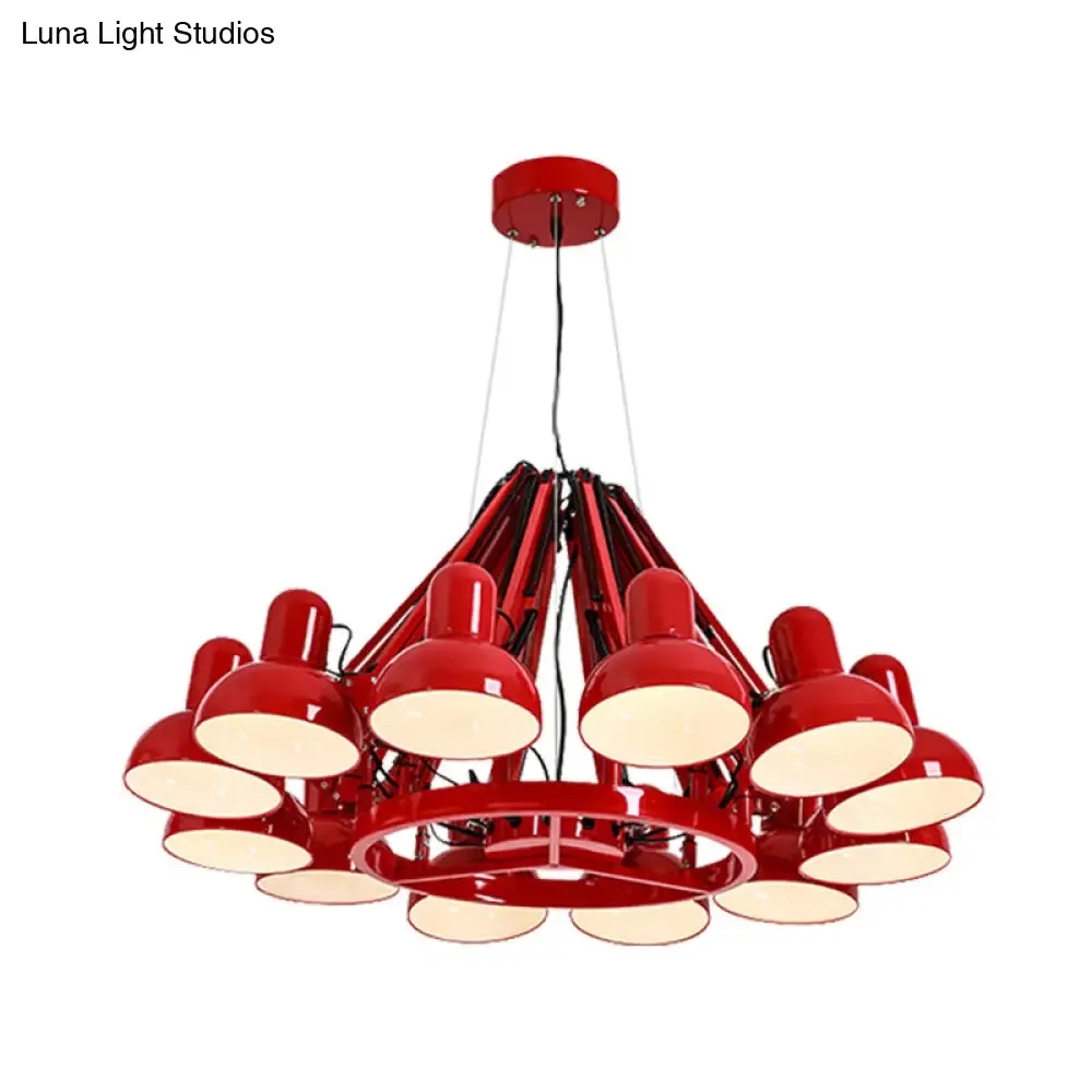 Industrial Metal Swing Arm Chandelier Lamp with Dome Shade and 12 Black/Red Bulbs for Living Room