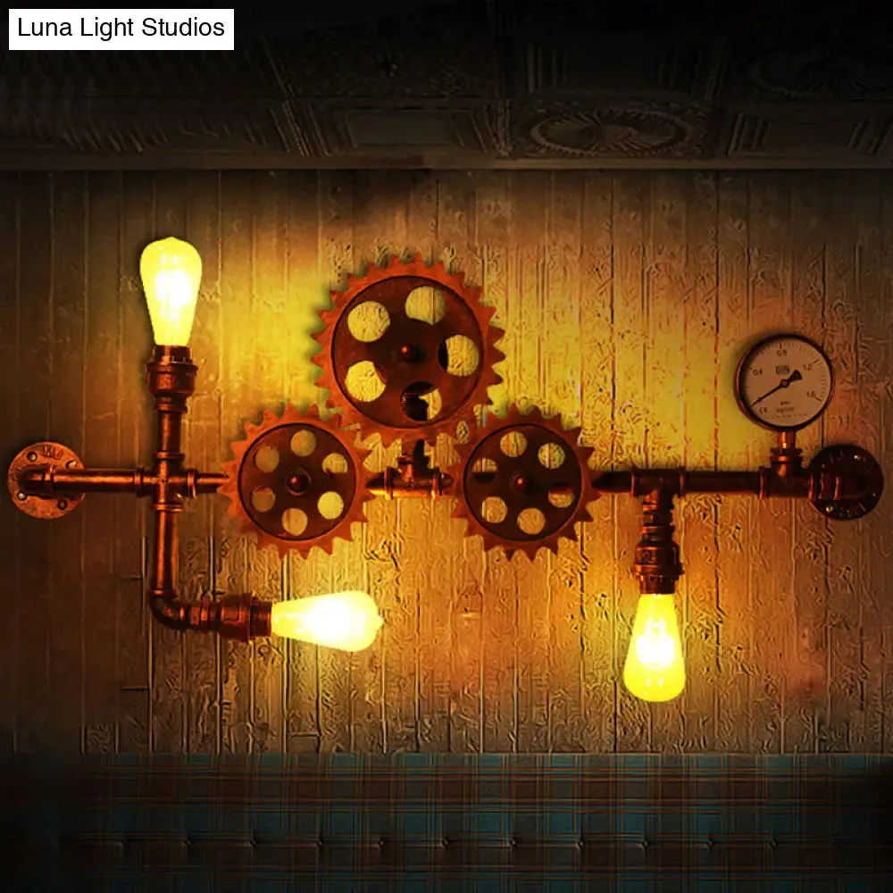 Industrial Rustic Gear Sconce Lamp: Metallic Wall Mount Light with 3 Bulbs for Living Room