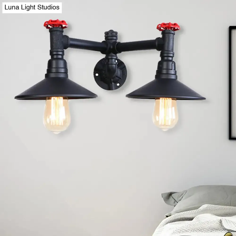 Industrial Style Sconce Light with Cone Shade, Valve Wheel, and Pipe in Black (2 Bulbs)