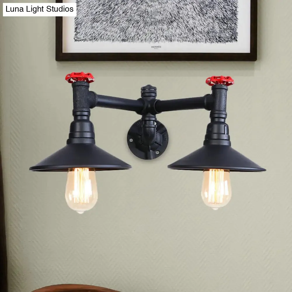 Industrial Style Sconce Light with Cone Shade, Valve Wheel, and Pipe in Black (2 Bulbs)