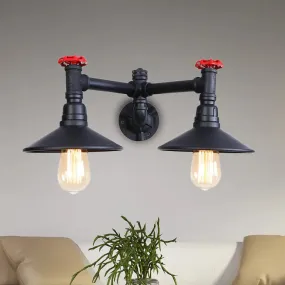 Industrial Style Sconce Light with Cone Shade, Valve Wheel, and Pipe in Black (2 Bulbs)