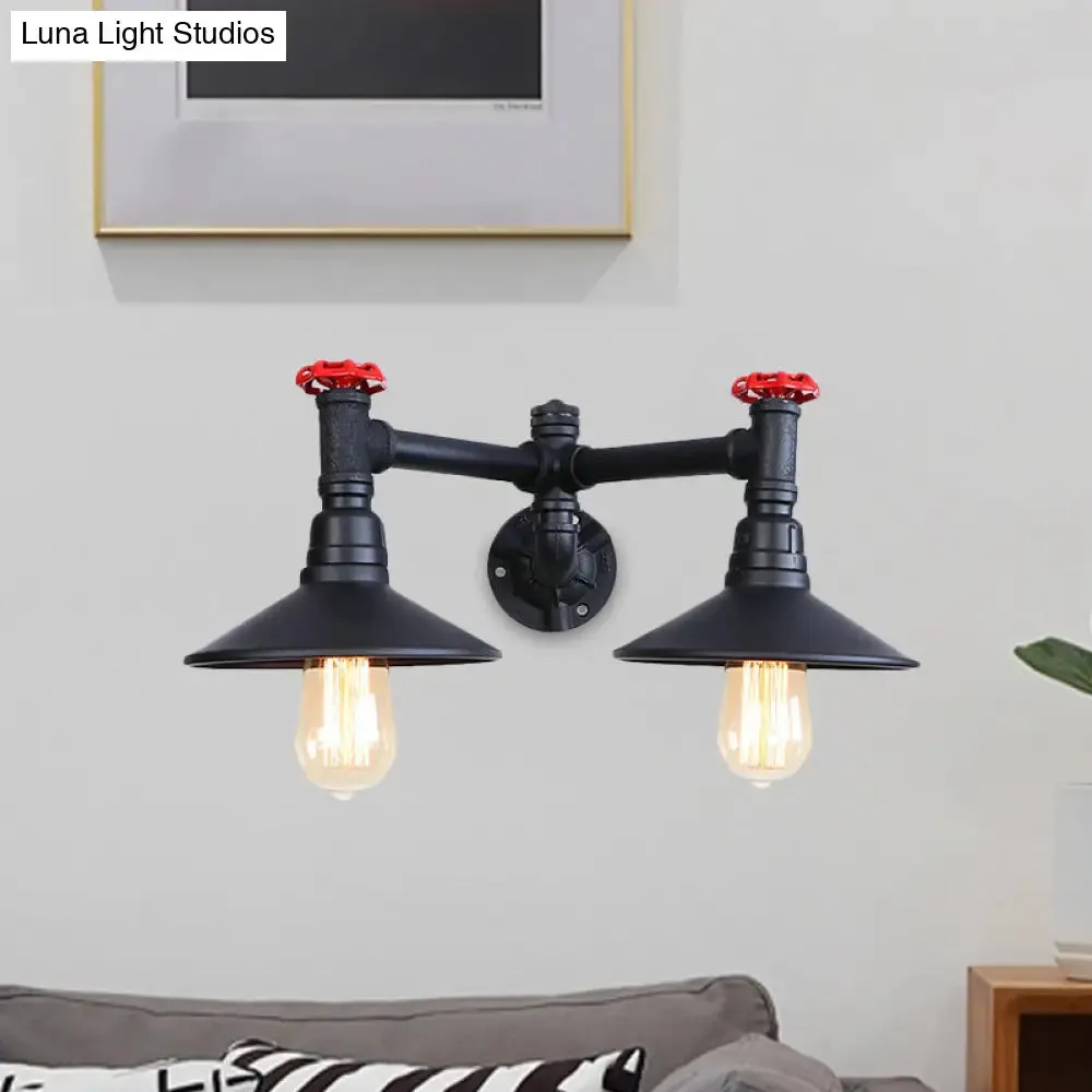 Industrial Style Sconce Light with Cone Shade, Valve Wheel, and Pipe in Black (2 Bulbs)