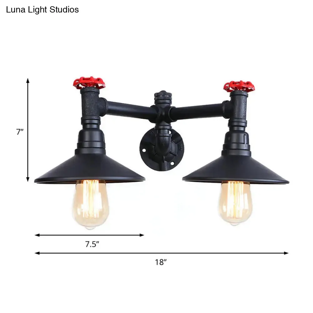 Industrial Style Sconce Light with Cone Shade, Valve Wheel, and Pipe in Black (2 Bulbs)