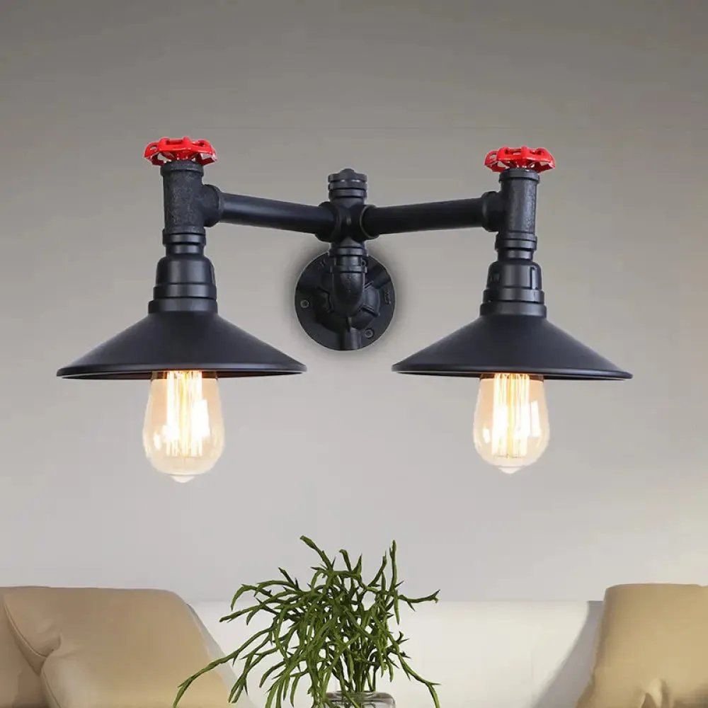 Industrial Style Sconce Light with Cone Shade, Valve Wheel, and Pipe in Black (2 Bulbs)