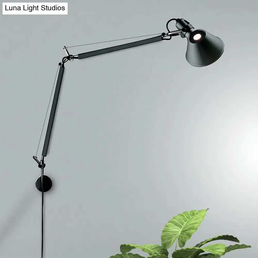 Industrial Swing Arm Wall Mounted Lamp with Cone Shade - 1 Bulb, Black/Silver Aluminum