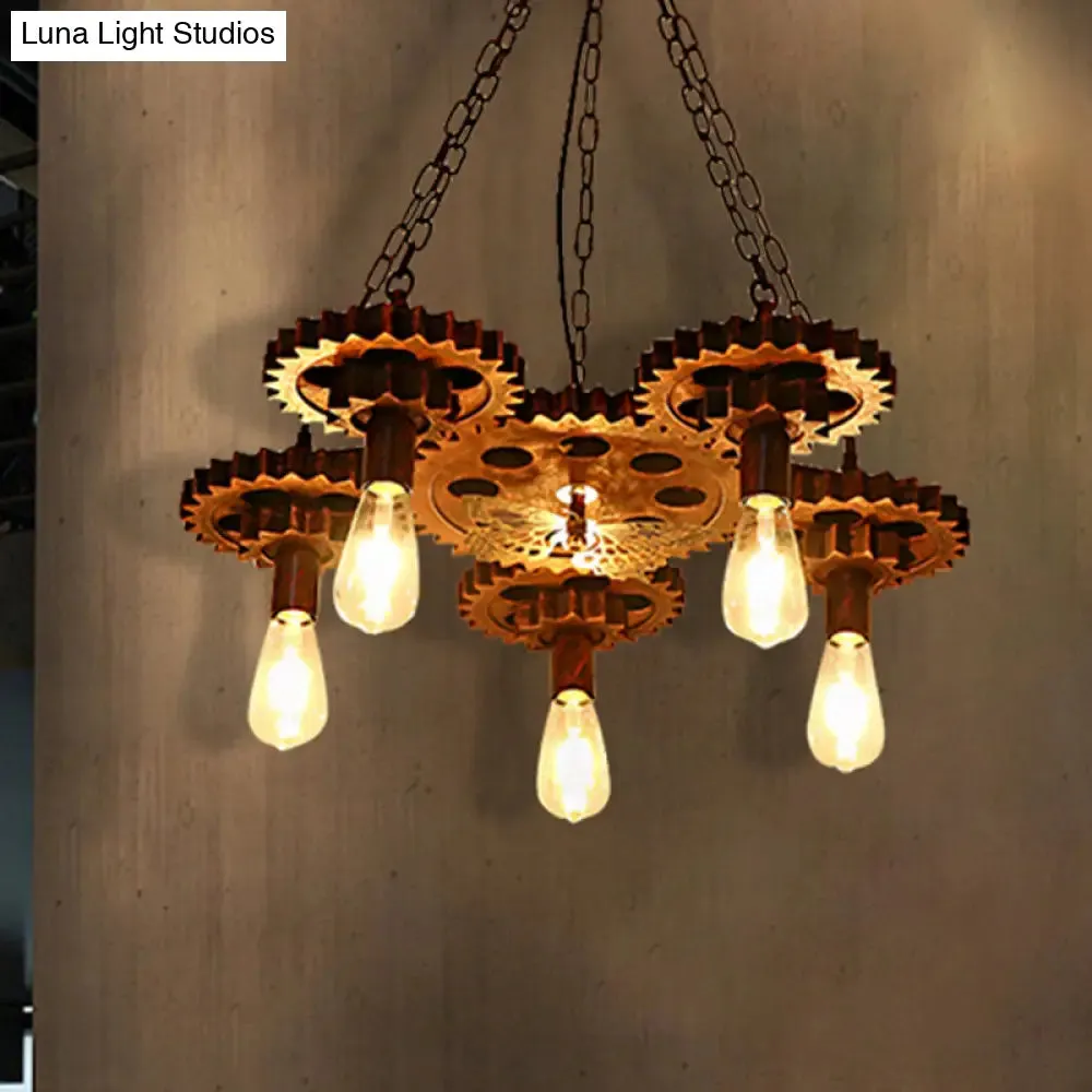 Industrial Wagon Wheel Pendant Lamp - Metal Rust Finish | 5-Light Chandelier with Chain