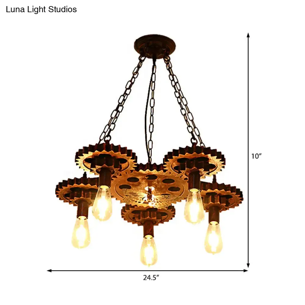 Industrial Wagon Wheel Pendant Lamp - Metal Rust Finish | 5-Light Chandelier with Chain