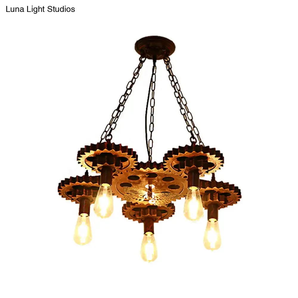 Industrial Wagon Wheel Pendant Lamp - Metal Rust Finish | 5-Light Chandelier with Chain