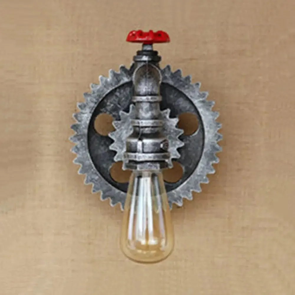 Iron Wall Lamp with Vintage Industrial Gear Design and Bare Bulb - Aged Silver