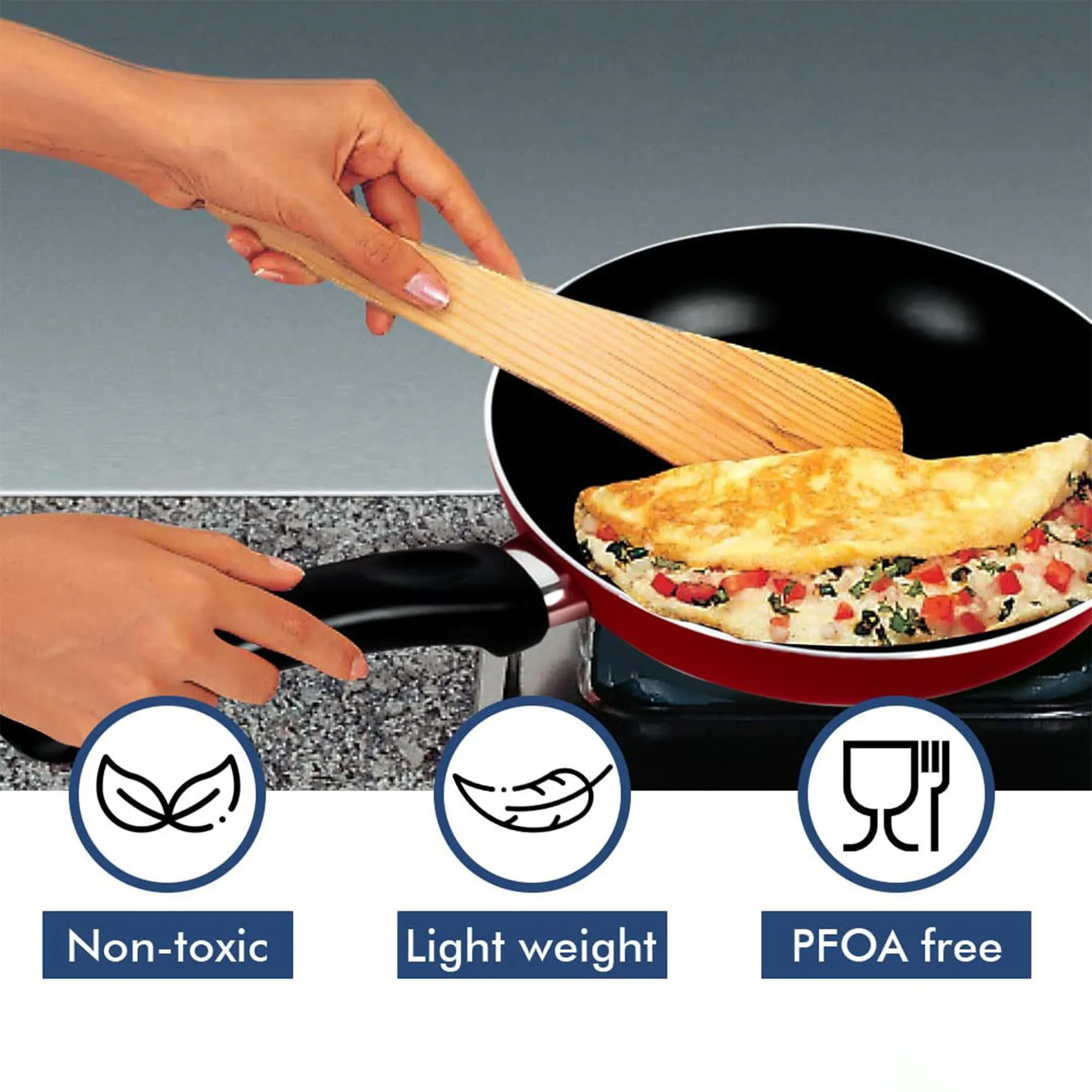 Kuber Industries Non-Stick Aluminum Frying Pan with Handle | Lightweight Induction Pan for Omelettes & Fish Cooking & Tadka | Scratch Resistent, Gas & Induction Compatible | Red