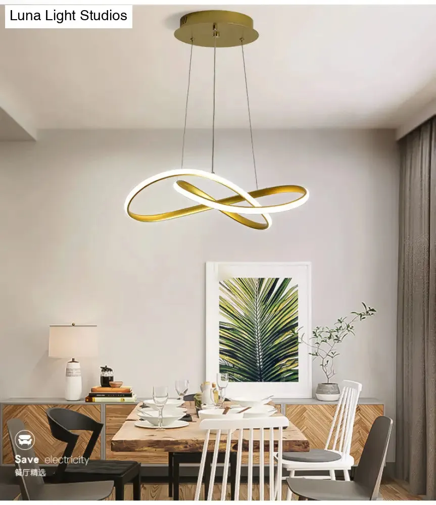 LED Line Chandelier - Modern Minimalist Style, White Acrylic Shade, Irregular Curved - Dining Room Hanging Light