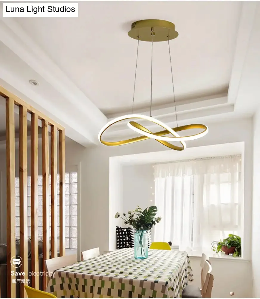 LED Line Chandelier - Modern Minimalist Style, White Acrylic Shade, Irregular Curved - Dining Room Hanging Light