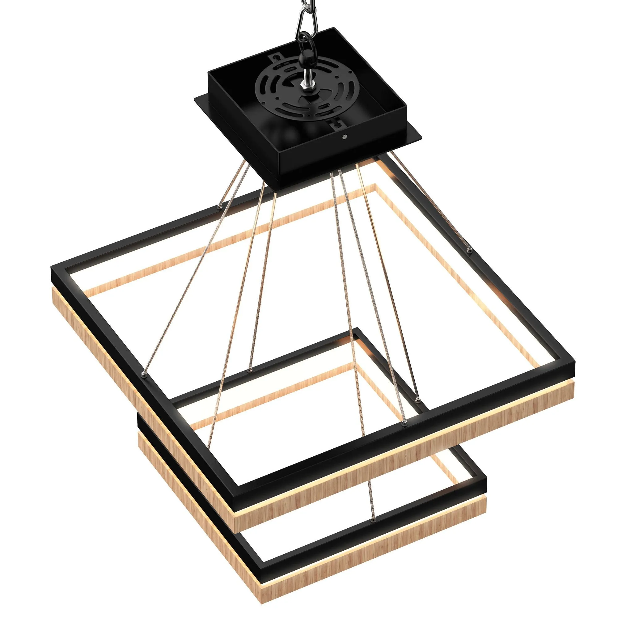 LED Pendant Light Fixture, Double Ring, Square, Dimmable, 3000K (Warm White), Wood and Matte Black