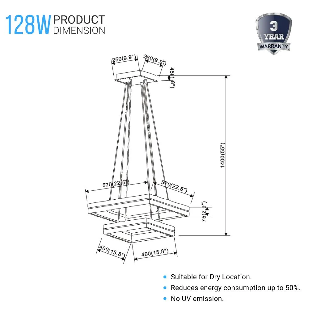 LED Pendant Light Fixture, Double Ring, Square, Dimmable, 3000K (Warm White), Wood and Matte Black