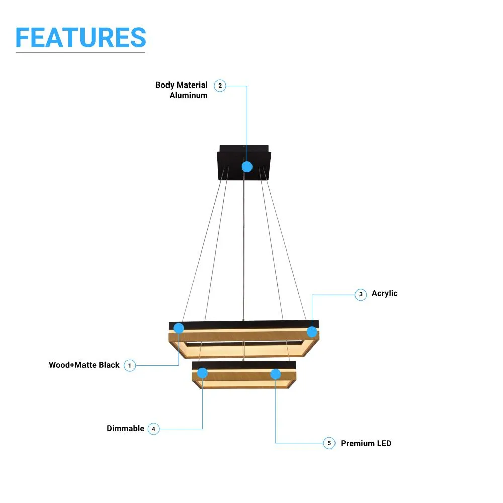 LED Pendant Light Fixture, Double Ring, Square, Dimmable, 3000K (Warm White), Wood and Matte Black