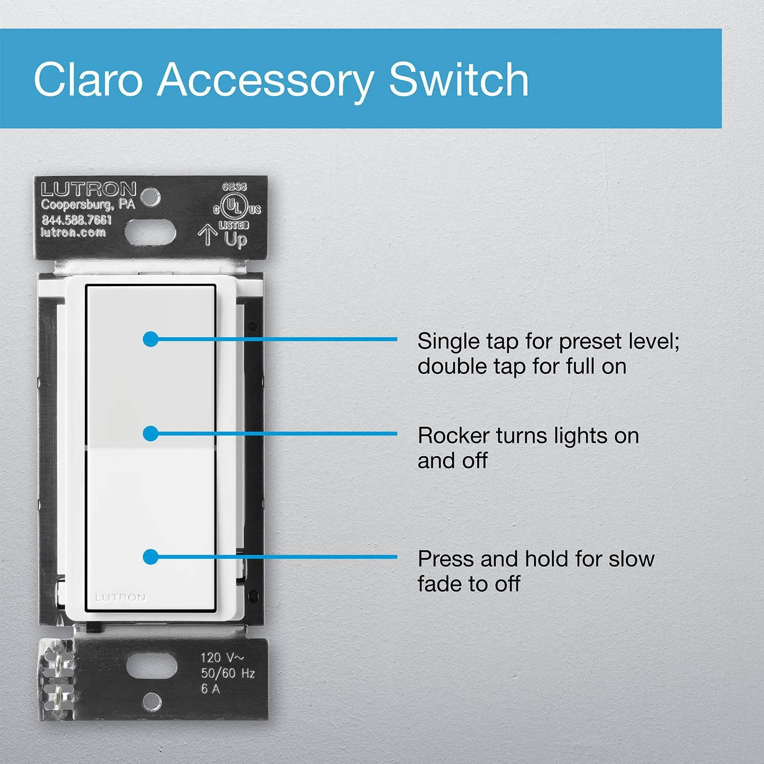 Lutron Caseta Claro Smart Accessory Switch, Not for Standalone Use, White