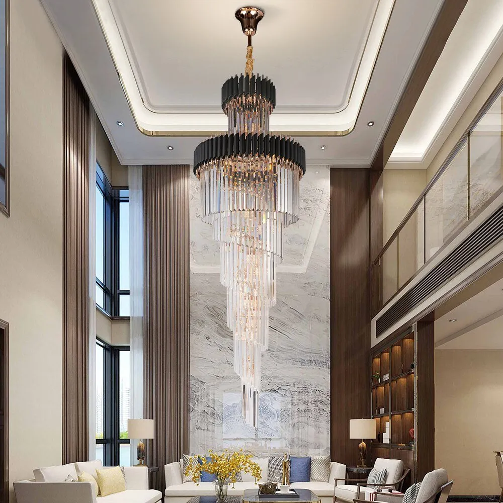 Luxury Modern Crystal Chandelier For Staircase Long Loft Black Light Fixture Villa Lobby Living Room