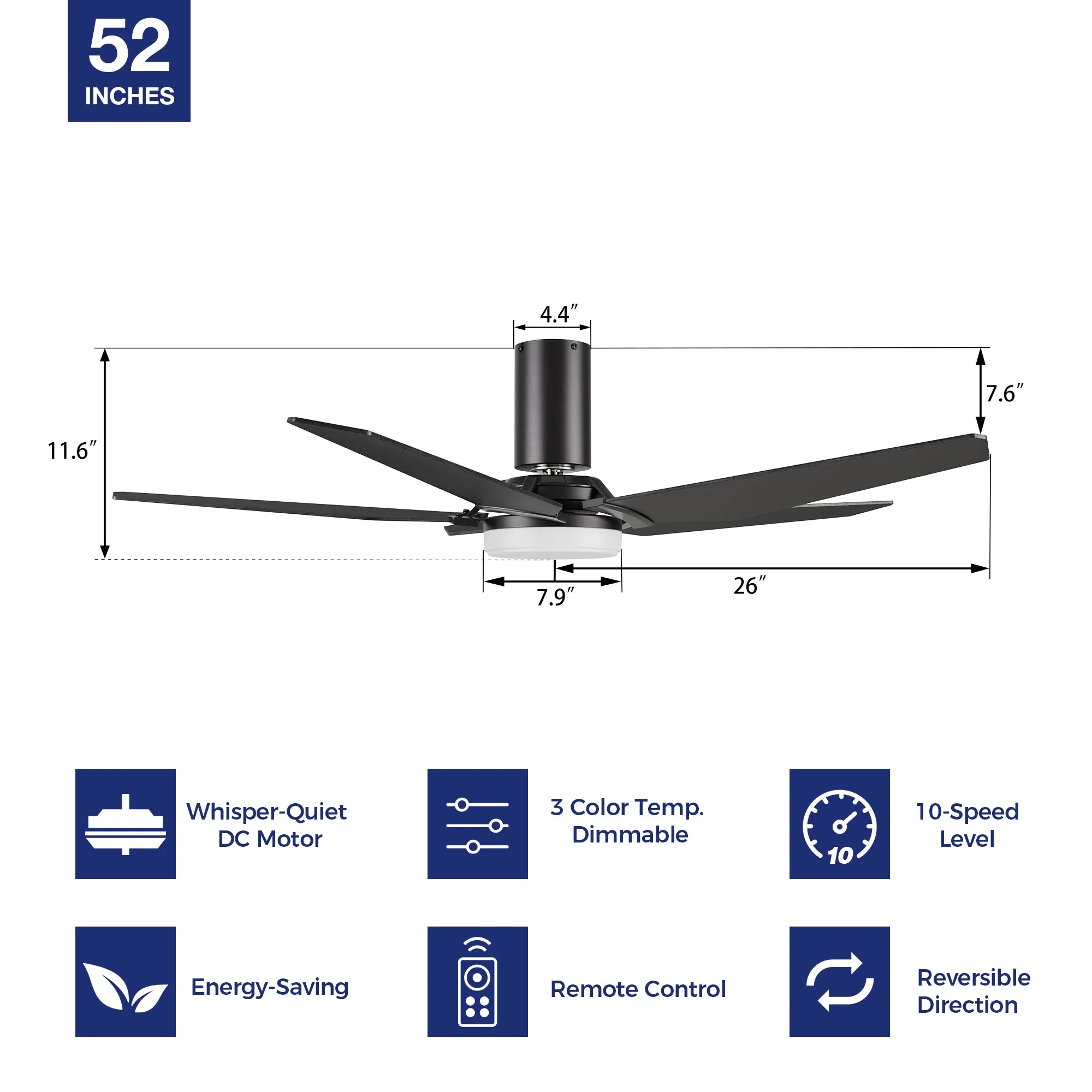 Maclean Flush Mount Ceiling Fan with LED Light and Remote 52 inch