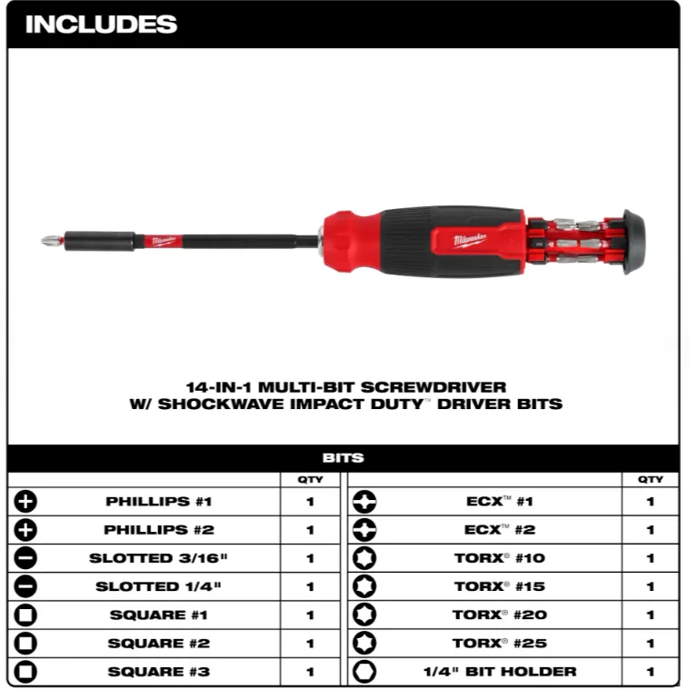 Milwaukee 48-22-2915 - 14-in-1 Multi-Bit Screwdriver With SHOCKWAVE Impact Duty™ Driver Bits