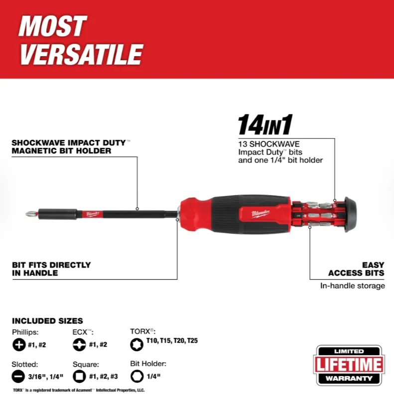 Milwaukee 48-22-2915 - 14-in-1 Multi-Bit Screwdriver With SHOCKWAVE Impact Duty™ Driver Bits