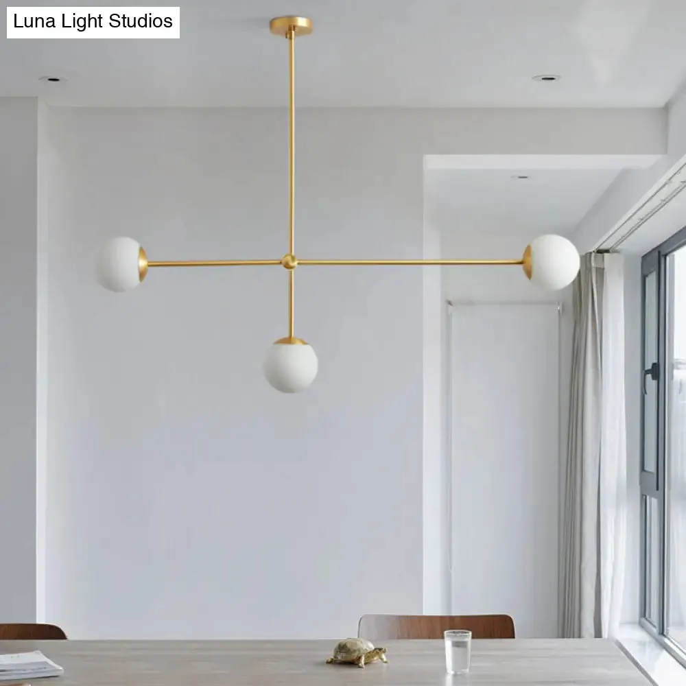 Minimalistic Brass Finish Chandelier with Ivory Glass Shade: Contemporary Metal Ceiling Light