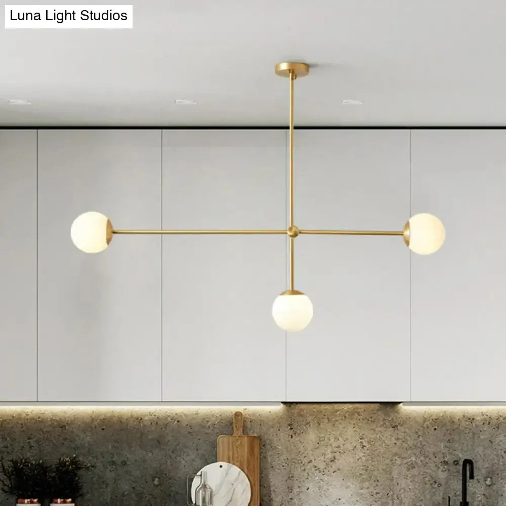 Minimalistic Brass Finish Chandelier with Ivory Glass Shade: Contemporary Metal Ceiling Light