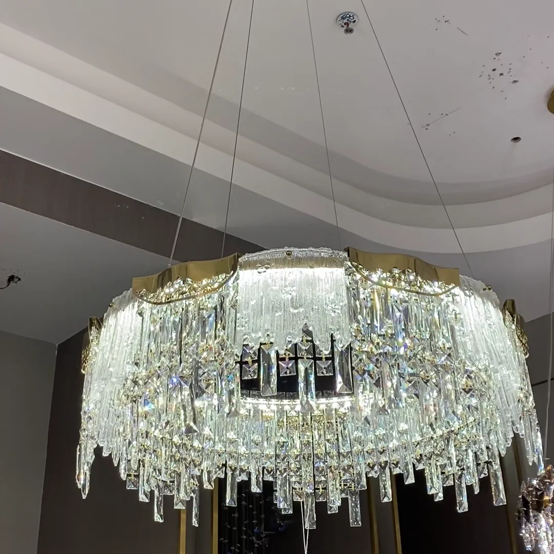 Modern Light Luxury 1/2-Tier Round/Rectangular Crystal Chandelier In Champagne Gold Finish for Living Room/Dining Room/Bedroom