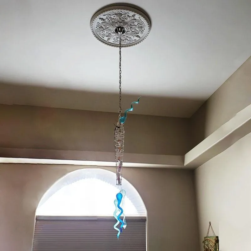 Nordic Style Aqua Blue Glass Chandelier Light Large Long Chain Blown Glass Chandelier Light Fixture