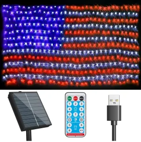 Oversize American Flag Solar Lights 420 Super Bright LEDs 2-in-1 Solar Powered and Plug in Flag Light