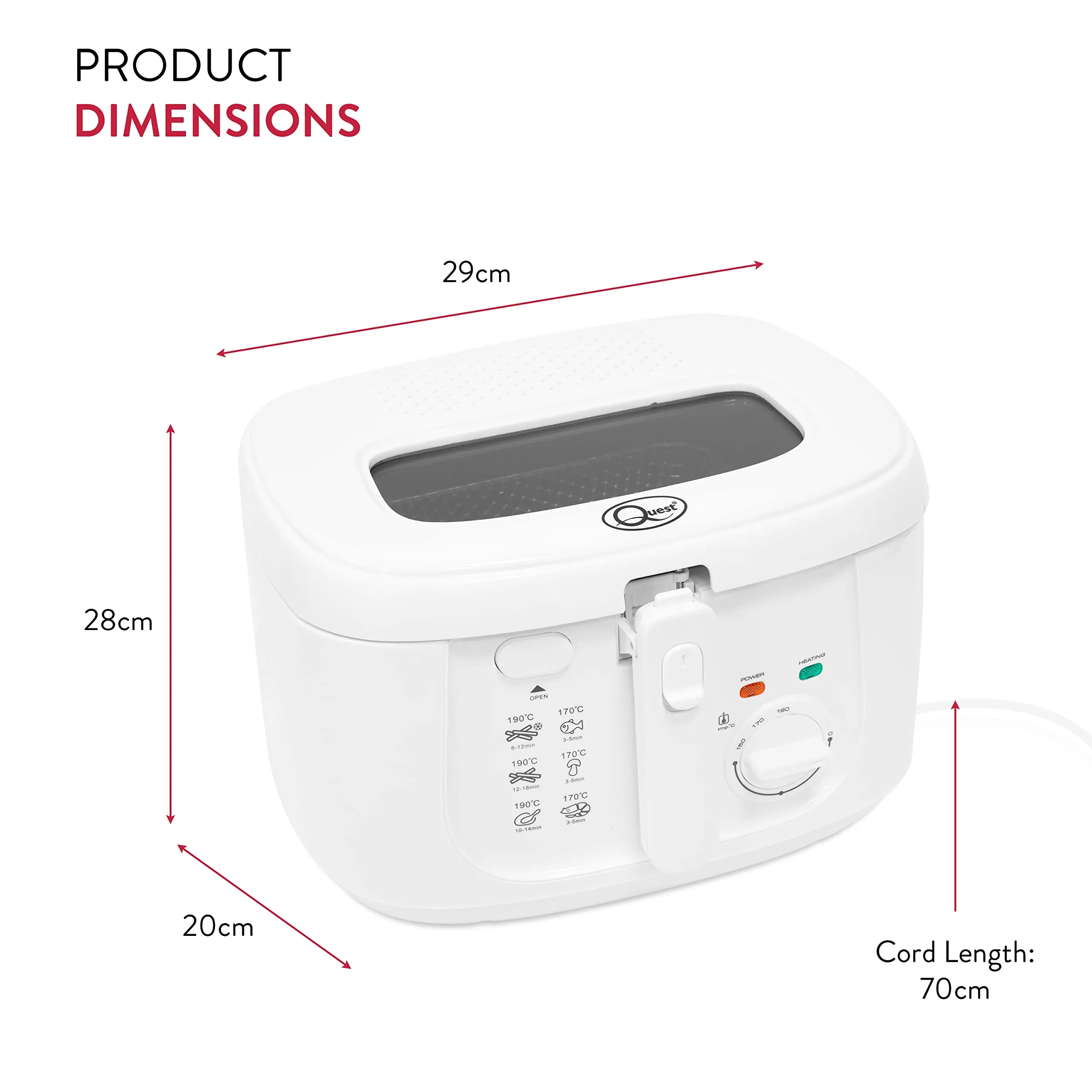 Quest 35119 2.5L Deep Fryer/Features Removable Lid & Large Observation Window/Adjustable Temperature/Ergonomic Cool Touch Handle/White, 1800 W, 2.5 liters,