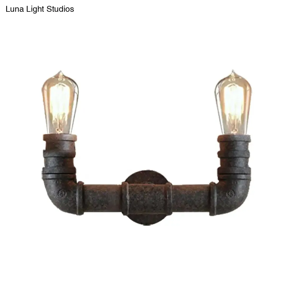 Rustic U-Shaped Wall Sconce Lighting with Wrought Iron Pipe - 2 Lights in Weathered Bronze