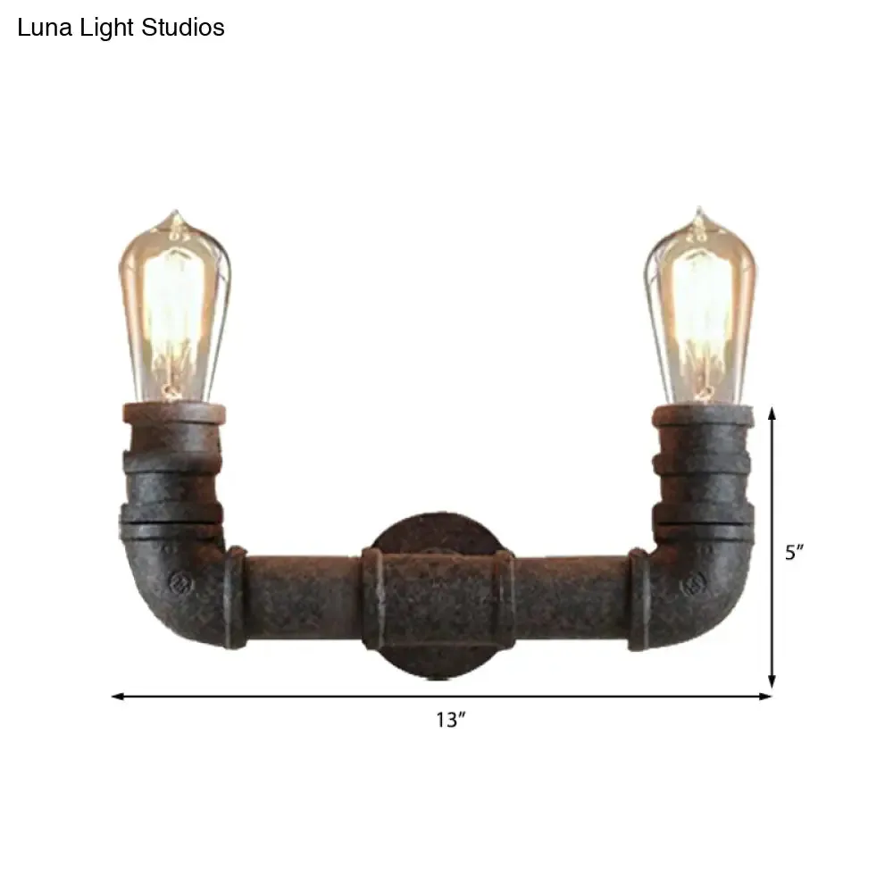 Rustic U-Shaped Wall Sconce Lighting with Wrought Iron Pipe - 2 Lights in Weathered Bronze