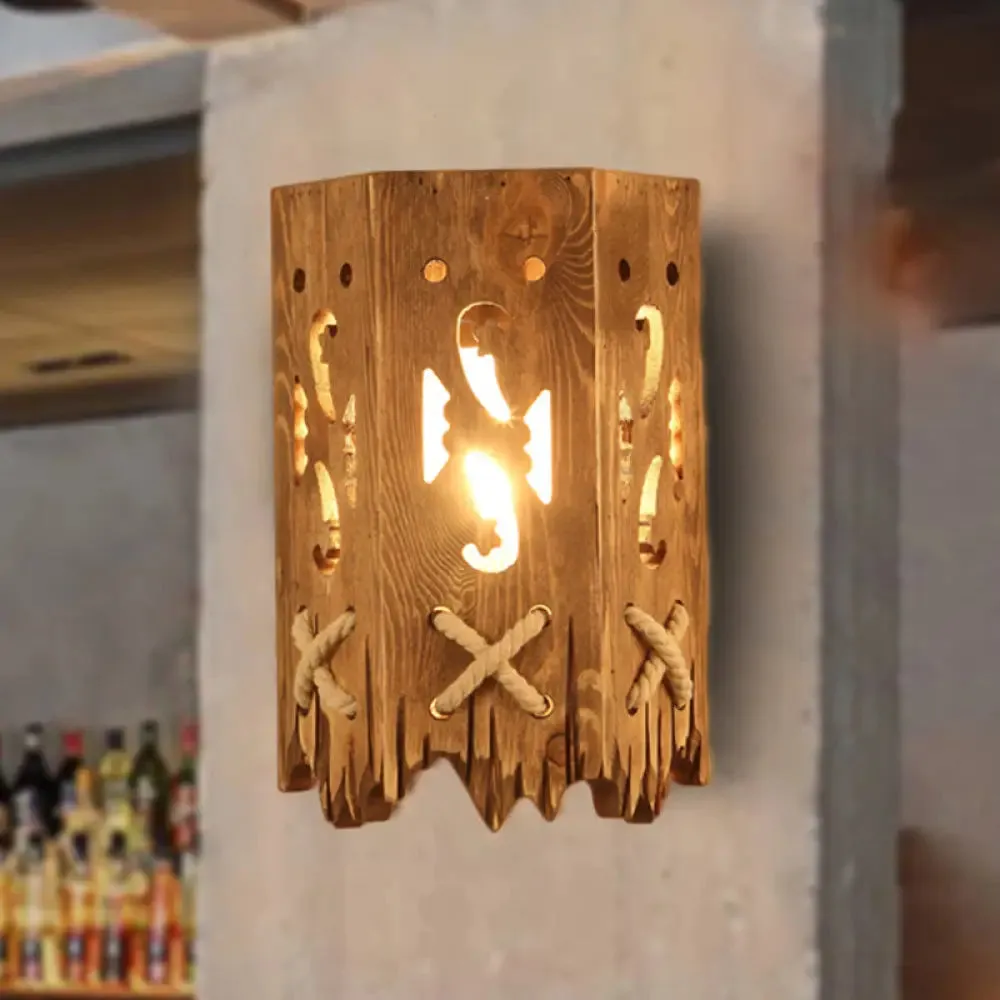 Rustic Wood Cylinder Shade Wall Lamp - 1 Head Brown Wall Sconce for Restaurants